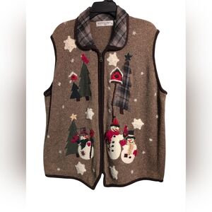 Festive Brown Snowman Sweater Vest Victoria Jones Women Zip Christmas 1X